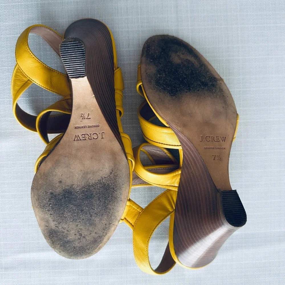 J Crew Shoe Lena Strappy Wood Wedge Sandals Leather Size 7.5 Yellow
